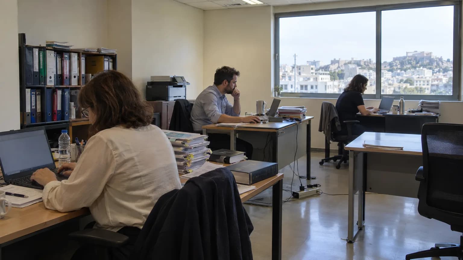 Τρία γραφεία στη σειρά, ο καθένας με τη δική του οθόνη και τα δικά του έντυπα
